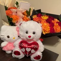 Teddy bear with Love You heart and flower bouquet gift set